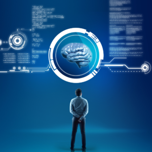 Un homme observe un cerveau humain aux côtés d'éléments informatiques, symbolisant l'évolution de l'intelligence artificielle avec GPT-5
