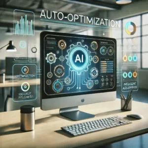 Espace de travail réaliste avec un écran d'ordinateur affichant une interface d'IA, des engrenages et des curseurs symbolisant le mode d'auto-optimisation de ChatGPT, avec des lignes de données en mouvement représentant des ajustements en temps réel.